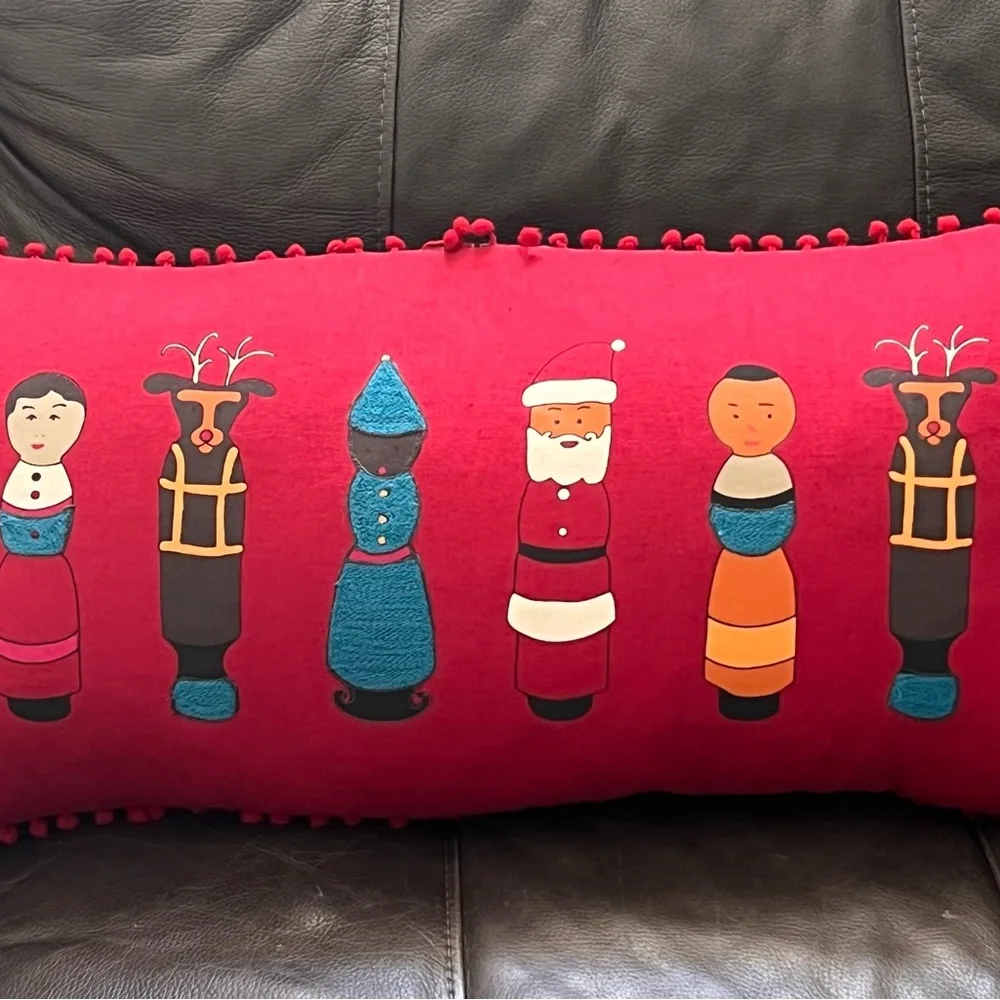 Crate & Barrel Winder Red Embroidered Feathered Christmas Pillow Santa Reindeer